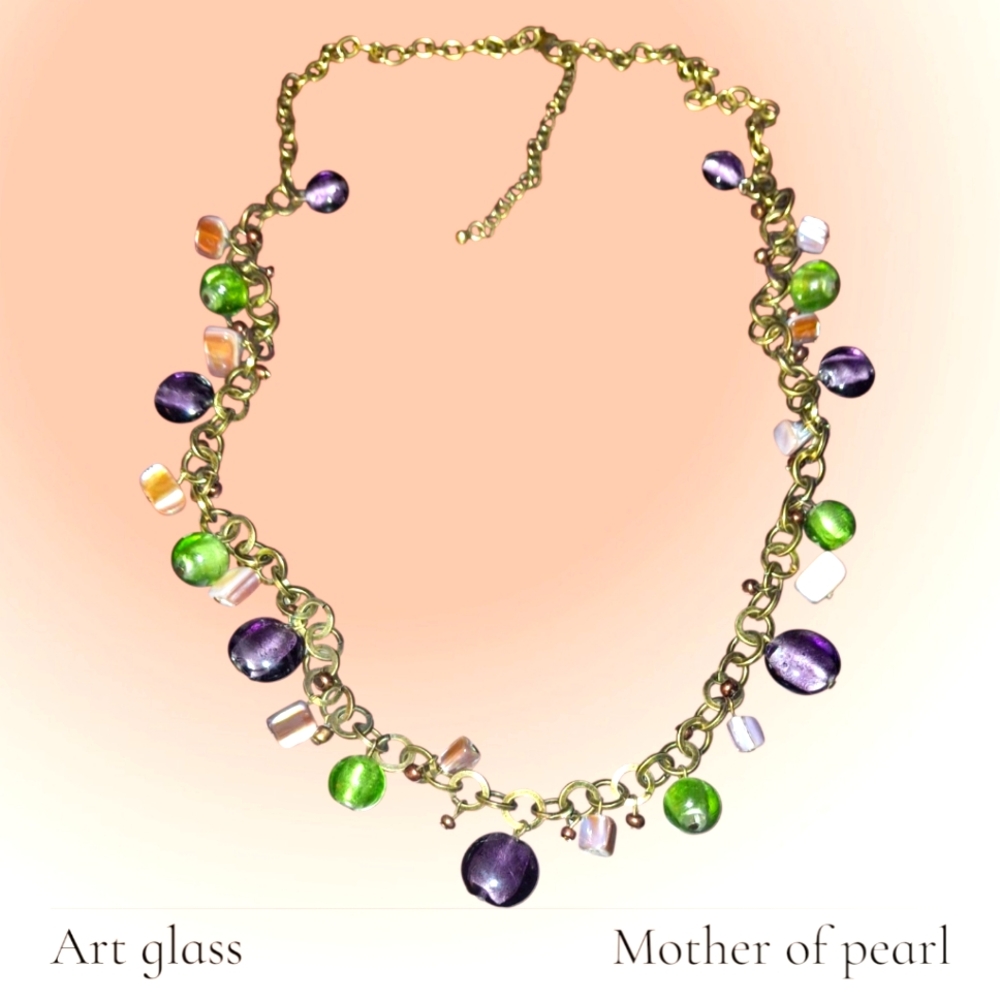 Art Glass, MOP Gemstone Beaded Long Boho Chic Necklace Goldtone Adj.